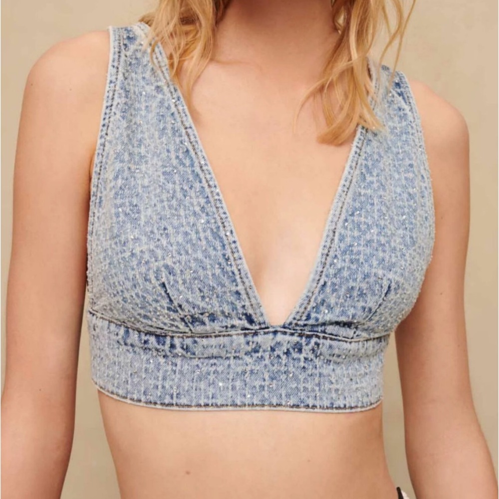 🆕 Maje Light Blue Sequined Denim Crop Top - NWT